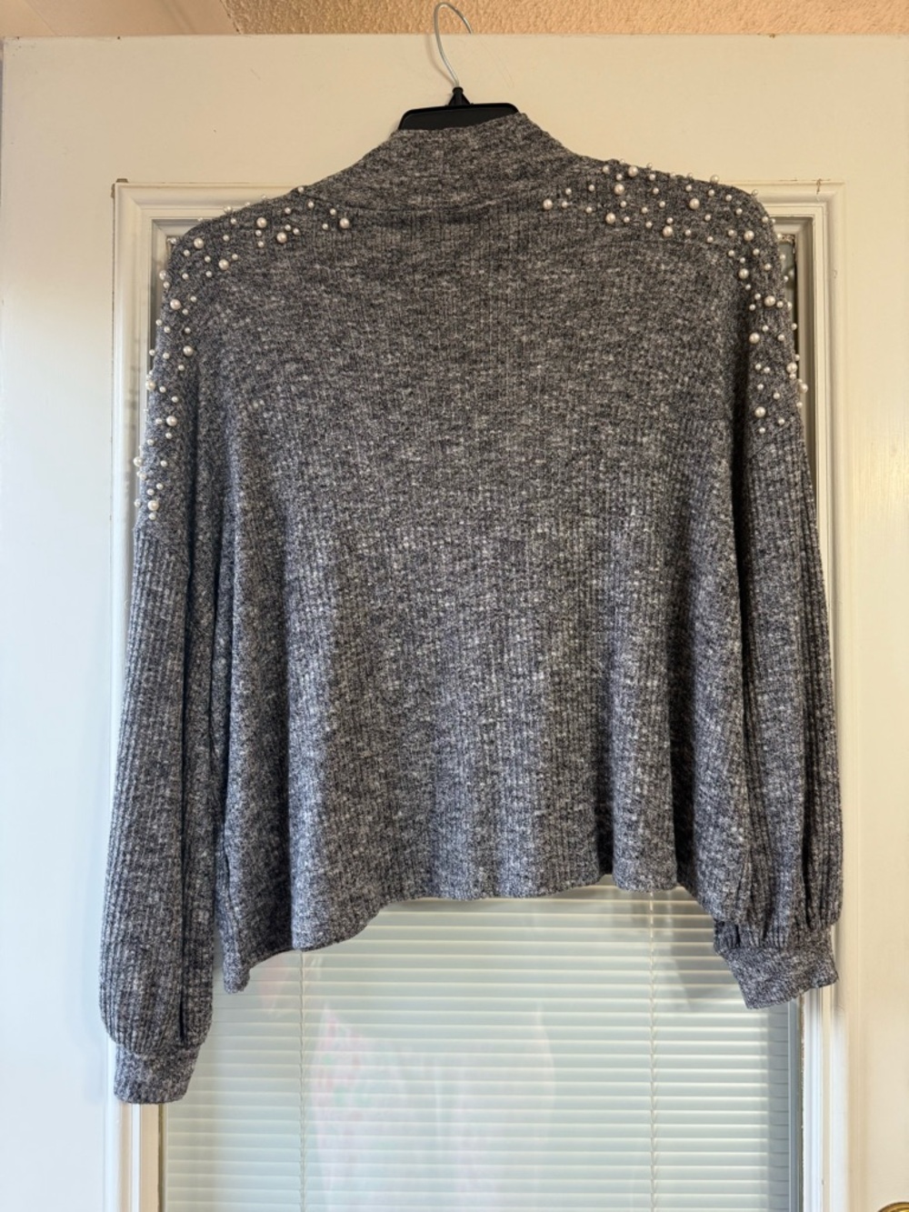 She + Sky Gray Pearl-Embellished Waffle Knit Sweater